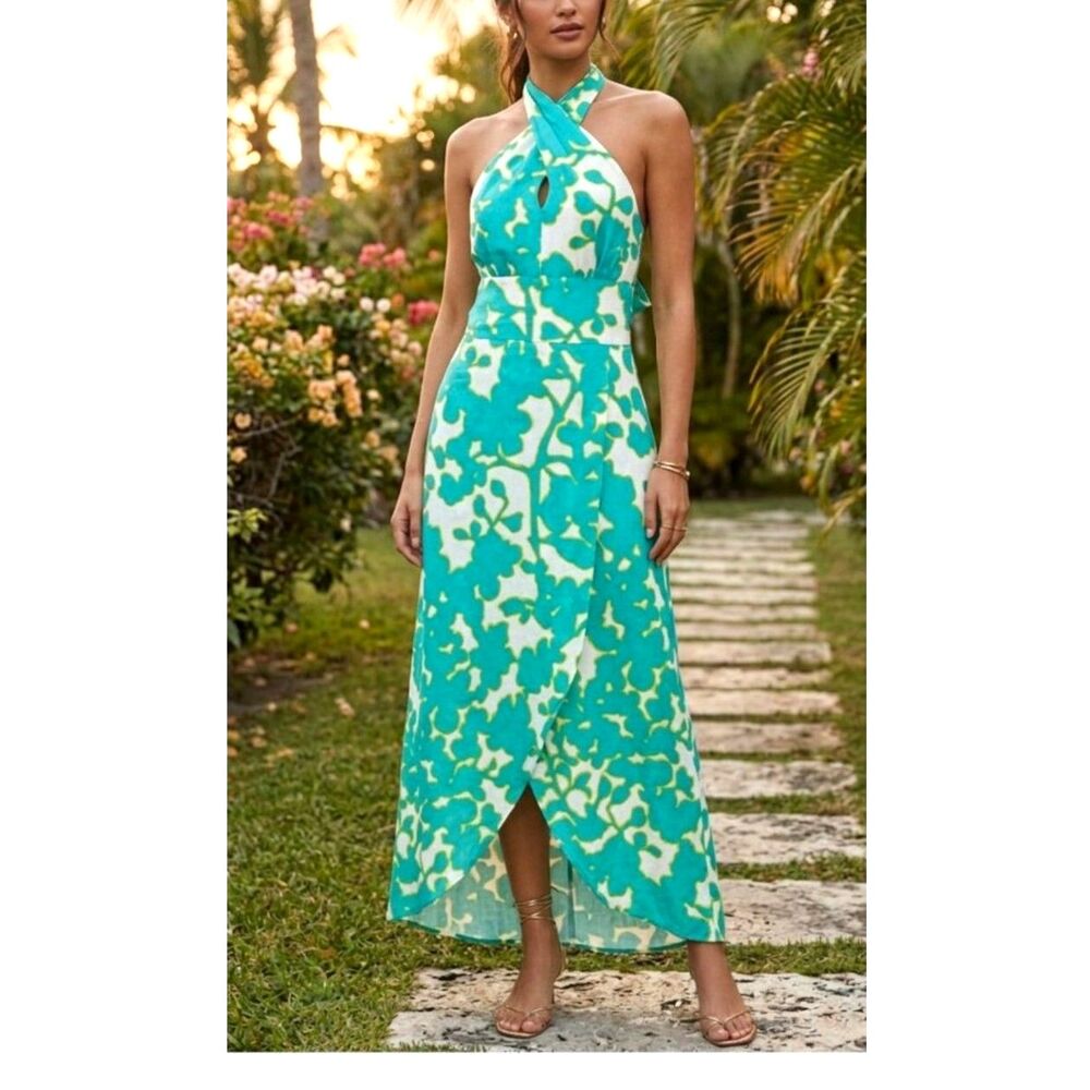 ETCETERA Keyhole Halter Tropical Maxi Dress Sz 2 Cotton Turquoise Smocked Back